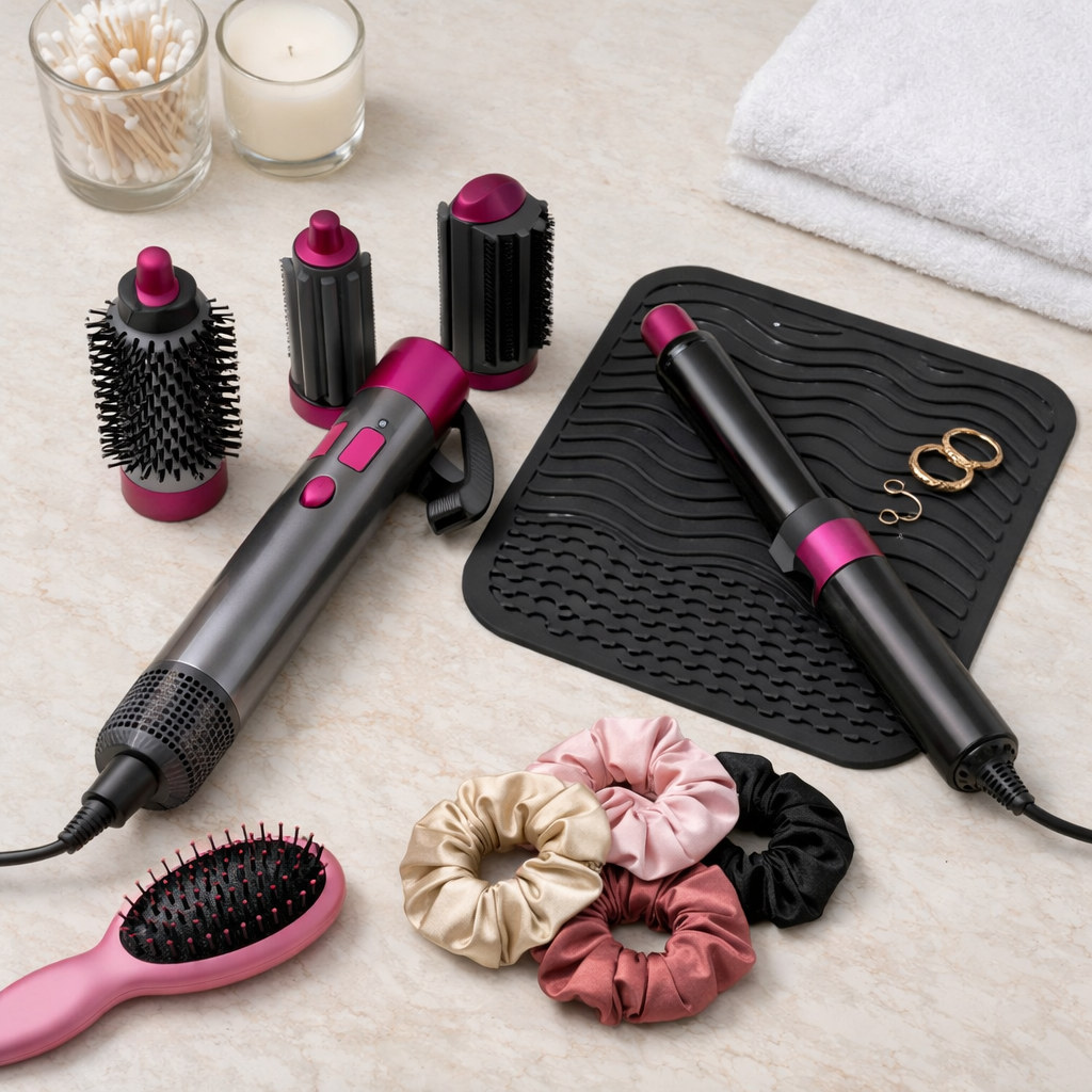 Pack cheveux complet avec sèche-cheveux 5-en-1, brosse démêlante et scrunchies satin